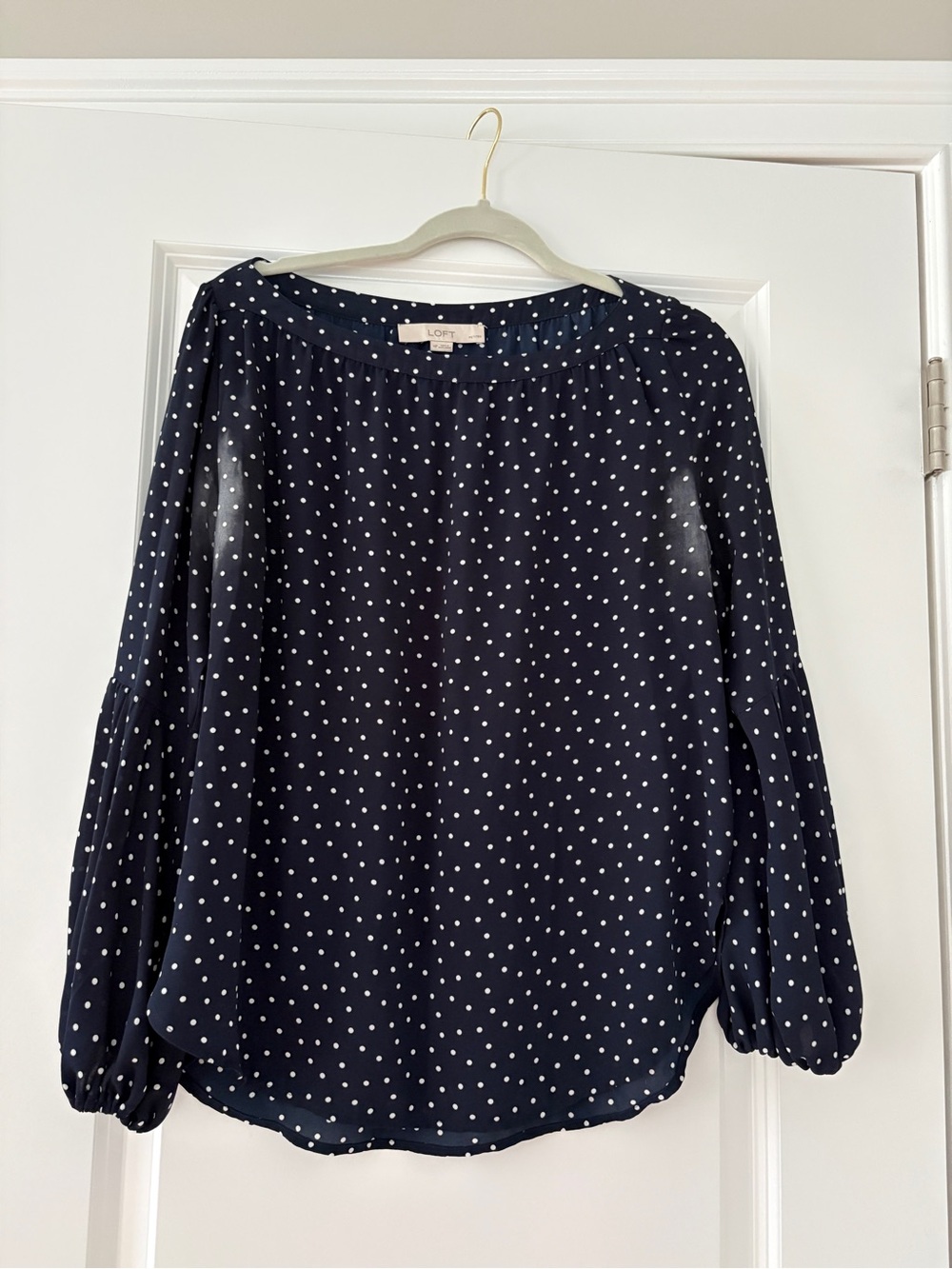 LOFT Navy and White Polka Dot Long-Sleeve Blouse